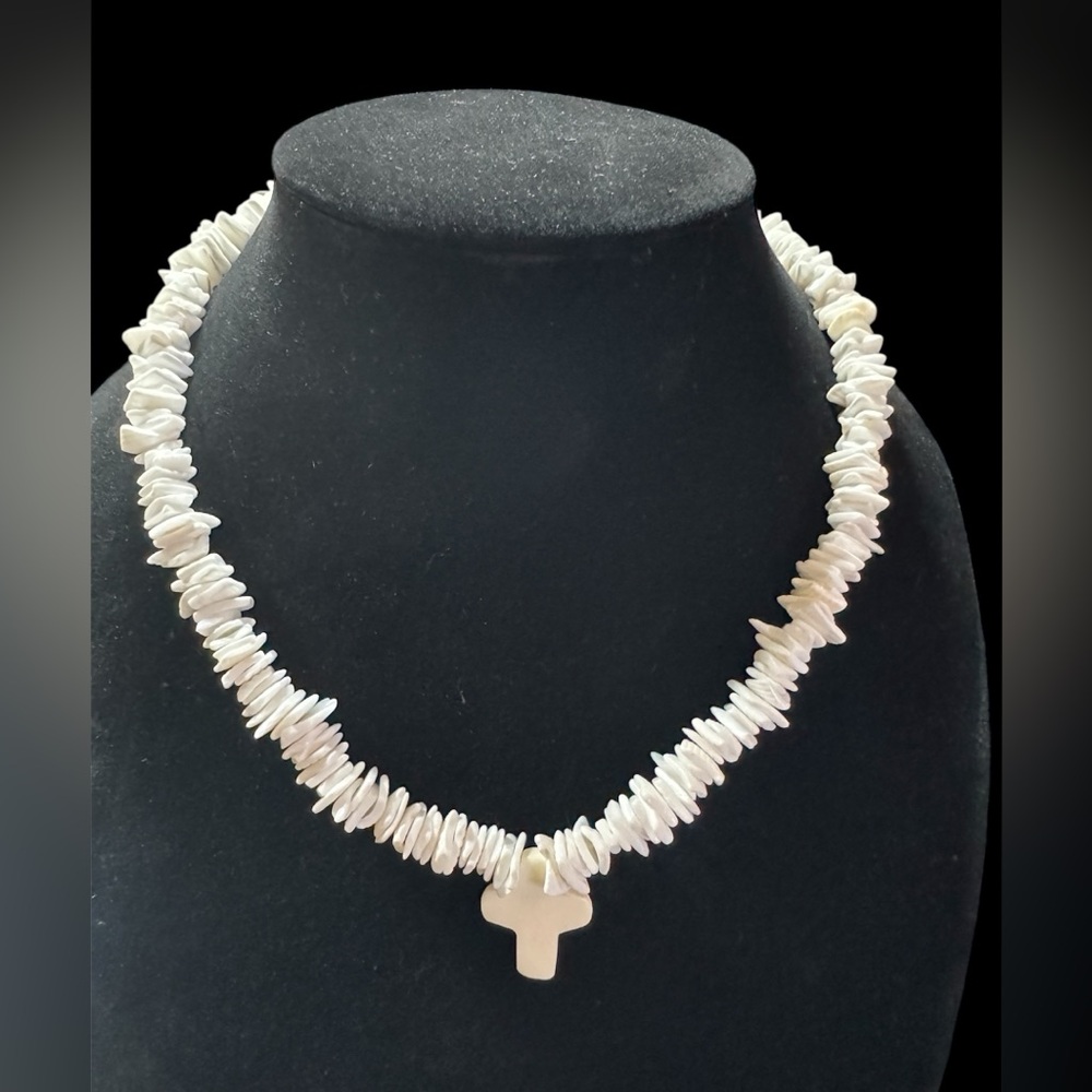 Vintage Puka Shell Necklace with Cross‎ Pendant